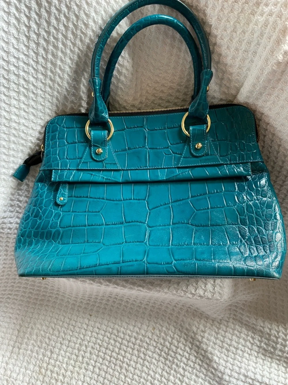 Modalu Teal Leather Croc-Embossed Satchel with Gold Hardware